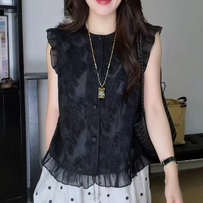 Dropshipping 2026 Summer New Stylish Lace Patchwork Round-Neck Elegant and Youthful Sleeveless Shirt