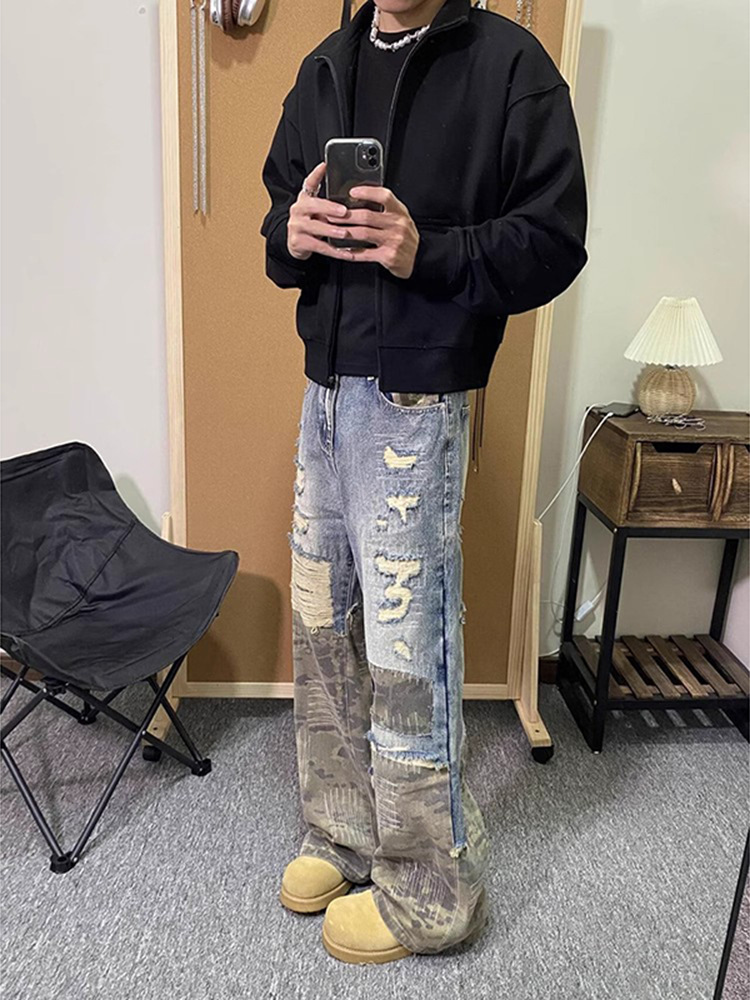 American Retro Fake Two-piece Jeans Design Sense Premium Camouflage Splicing Ripped Men's Cleanfit Straight Pants_viptrois.com
