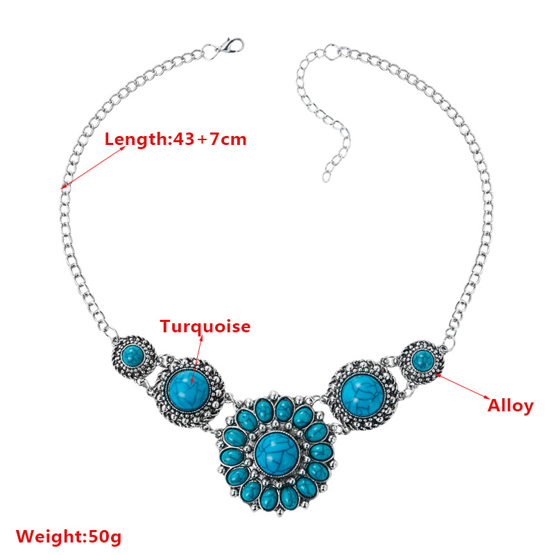 European and American retro sun flower blue turquoise necklace retro ethnic style necklace