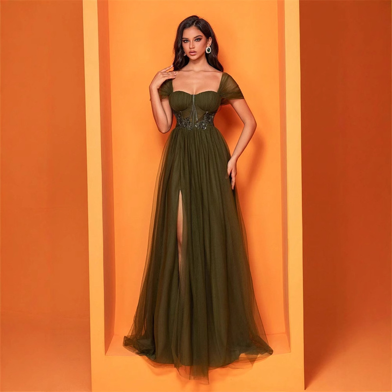 European and American Amazon New Chiffon Green Split dress Long Slim Fishtail Bridesmaid Banquet Evening Dress Women