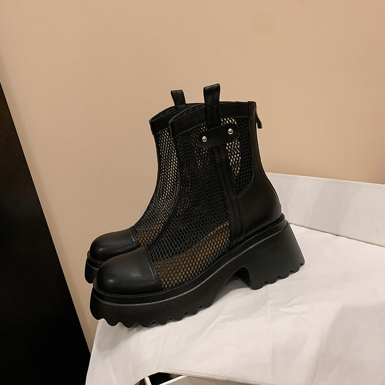 Boot nữ cổ cao đế dày gót bánh xốp da bò lưới thoáng khí xuân hè 2024 — Màu đen, Màu trắng be chi tiết 105