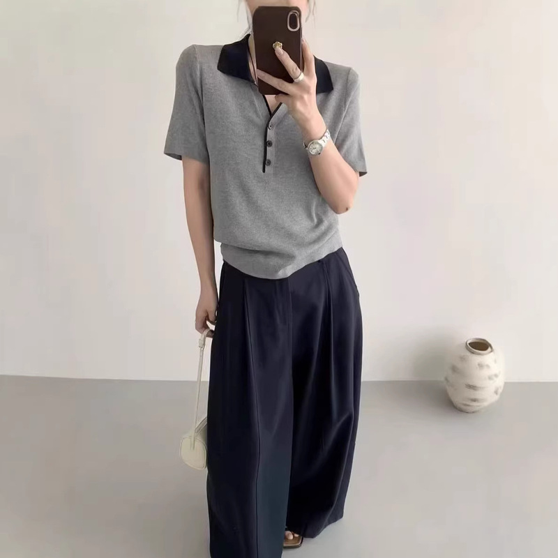 Fashionable Color-Block Polo Collar Short-Sleeve Thin Wool Knit Top for Women, New Summer Casual Versatile Collared Shirt Fashionable Color-Block Polo Collar Short-Sleeve Thin Wool Knit Top for Women, New Summer Casual Versatile Collared Shirt