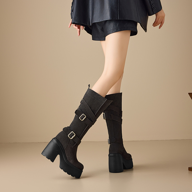Bốt nữ cổ cao quá đầu gối gót 12 cm, phong cách retro thanh lịch, có khóa thắt lưng — nhung đen