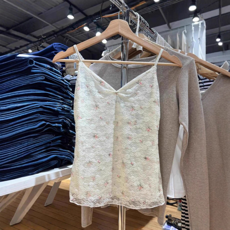 Bm New American Retro Sweet Floral Lace Camisole Bm Versatile Slim See-Through Bottoming Top for Women Summer