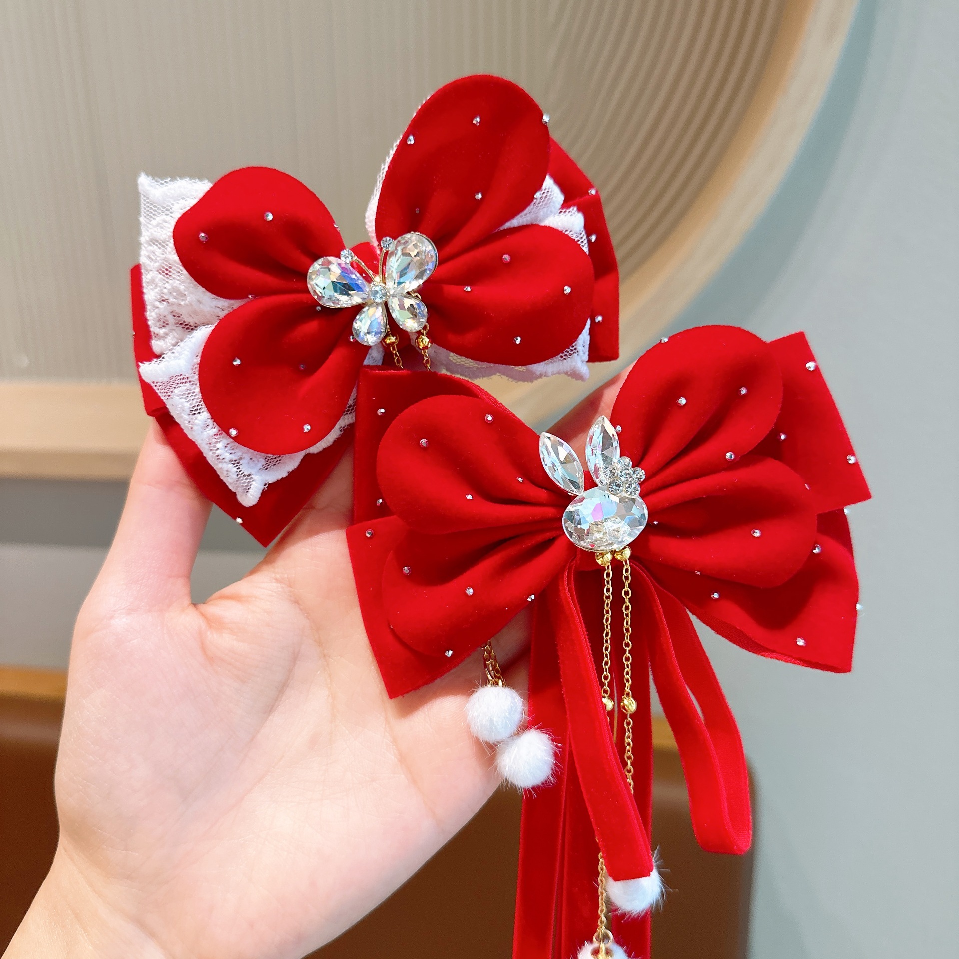 2025 Año Nuevo niños clip de boca de pato rojo correa de viento chino tarjeta de cabello para niñas adornamientos de cabello de Año Nuevo clip de cabello de arco