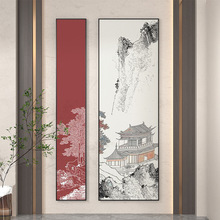 新中式入户玄关装饰画山水场景客厅墙面壁画竖版两联走廊过道挂画