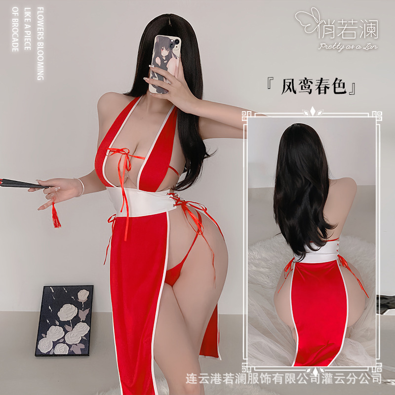 Ruolan Sexy Lingerie Sexy Cheongsam with Straps Shiranui Mai Cosplay Red National Style Uniform Set 9107