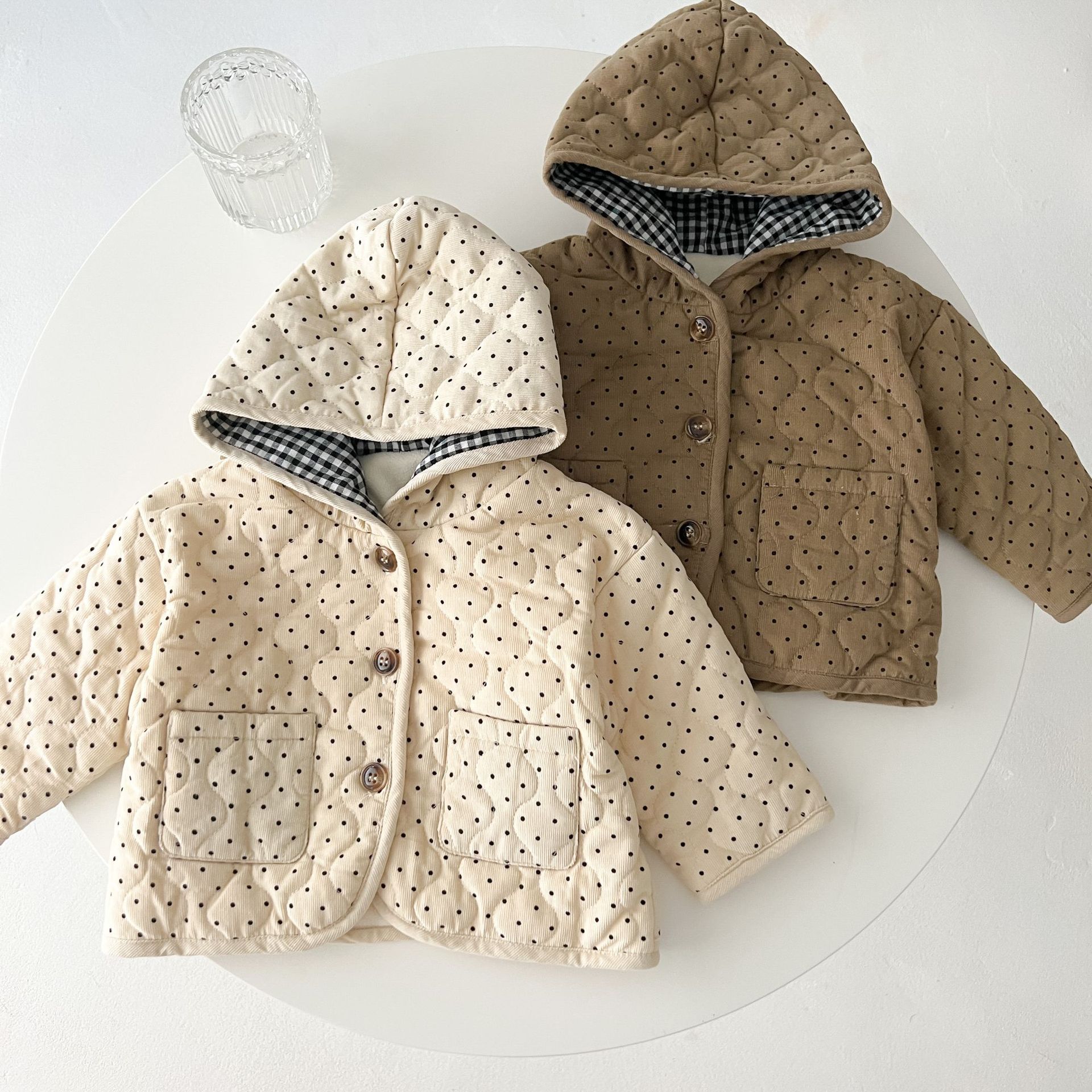 2025 Winter Children's Cotton-padded Jacket, Thickened Embossed Polka Dot Style, Stylish Baby Cotton-padded Coat, Warm Hooded Outerwear