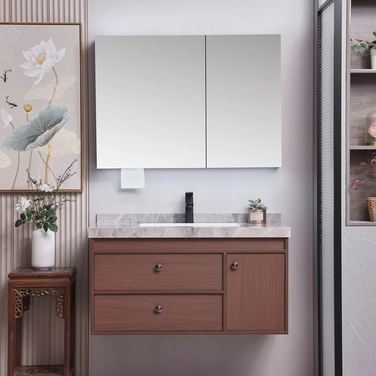 Walnut Color Antique Solid Wood Bathroom Cabinet Ceramic Integrated Bathroom Washbasin Chinese Wash Combination Washbasin