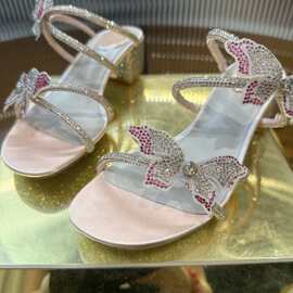 拖鞋粗跟凉鞋4.5cm水钻露趾， 蝴蝶花朵水钻缎面中跟粗跟凉鞋拖鞋