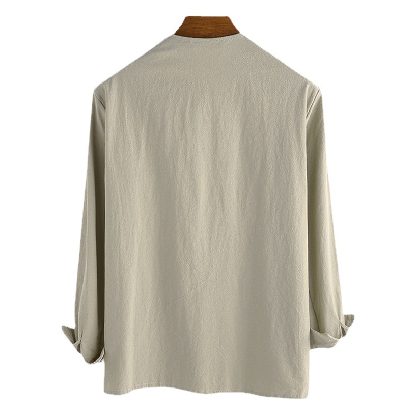 2023 primavera y otoño transfronterizo nuevos hombres europeos y americanos sueltos color sólido cordón camisa de manga larga algodón y lino soporte collar camisa de los hombres