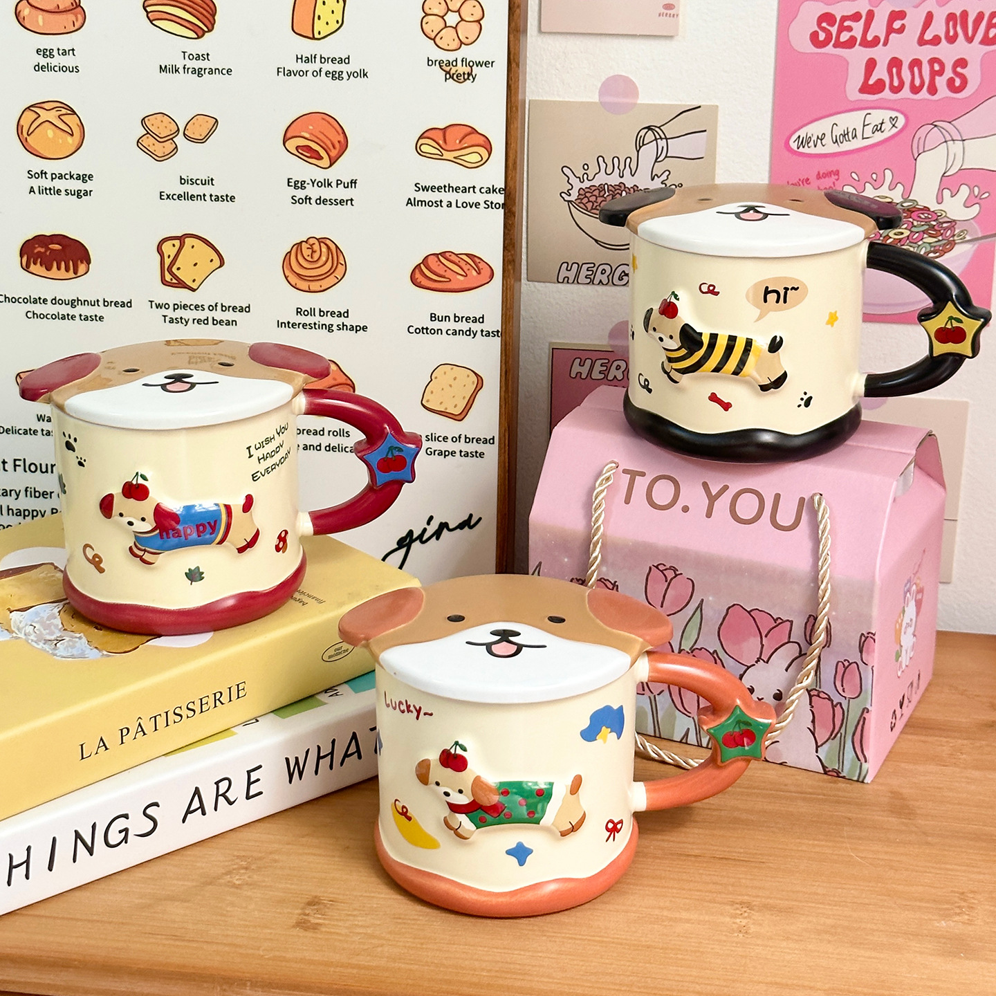 Taza de cerámica inteligente de perro de salchicha taza con tapa de taza de agua de estudiantes para el hogar regalo de cumpleaños taza de pareja