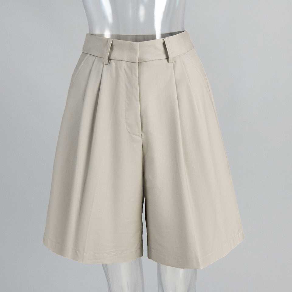 Quần short ống đứng kiểu quần vest lưng cạp chun, dáng năm phần rộng rãi tôn dáng — Màu mơ, Màu trắng chi tiết 5