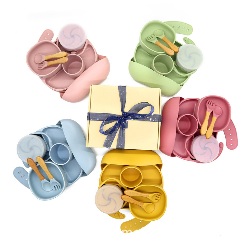 Cross-border selling children's tableware set learning to eat gift box baby food bowl suction cup silicone plate factory wholesale