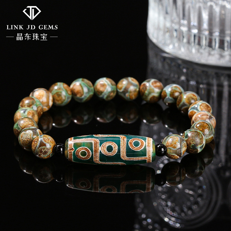 Jingdong Jewelry Green Nine Eyes Beads Long Barrel Beads Bracelet Retro Ethnic Literature Play Single Ring Men's and Women's Bracelet Wholesale