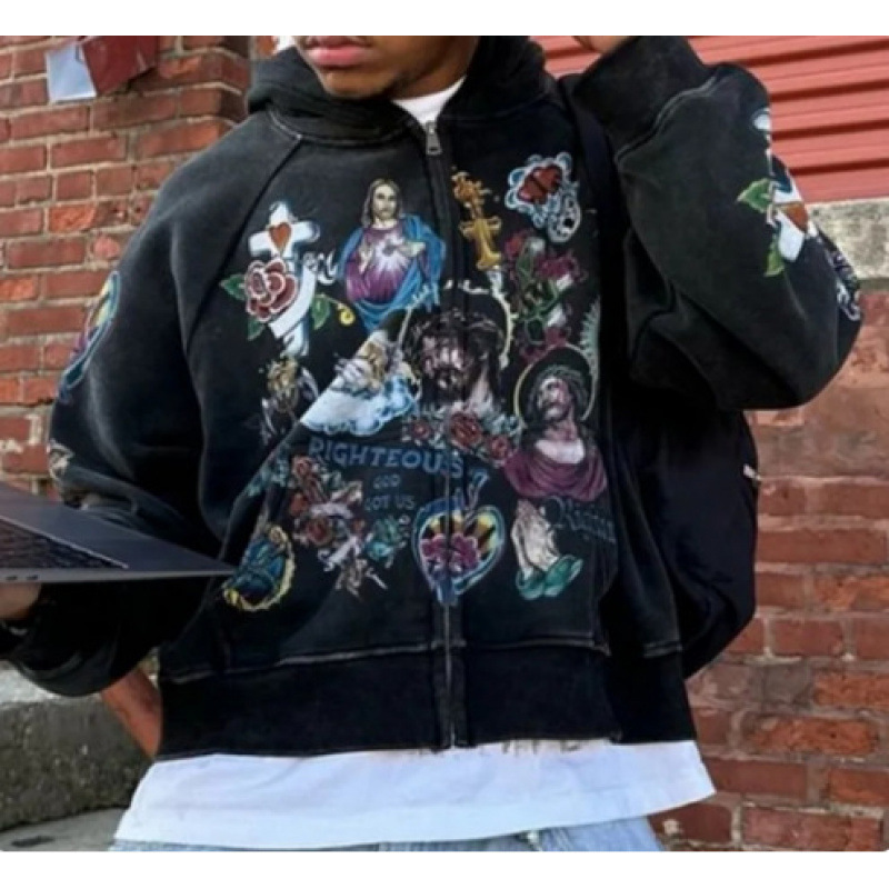 Felpa con cappuccio e cerniera, casual, ampia e comoda, con stampa di cartoni animati, da uomo, per donne e adolescenti._voghion.com