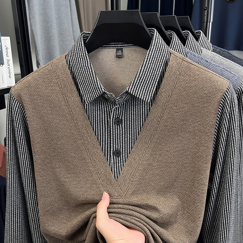 Hot-Selling Cross-Border Men's T-Shirt, Faux Two-Piece Pullover Long-Sleeve Base Shirt, High-End Quality, One-Piece Dropshipping Hot-Selling Cross-Border Men's T-Shirt, Faux Two-Piece Pullover Long-Sleeve Base Shirt, High-End Quality, One-Piece Dropshipping
