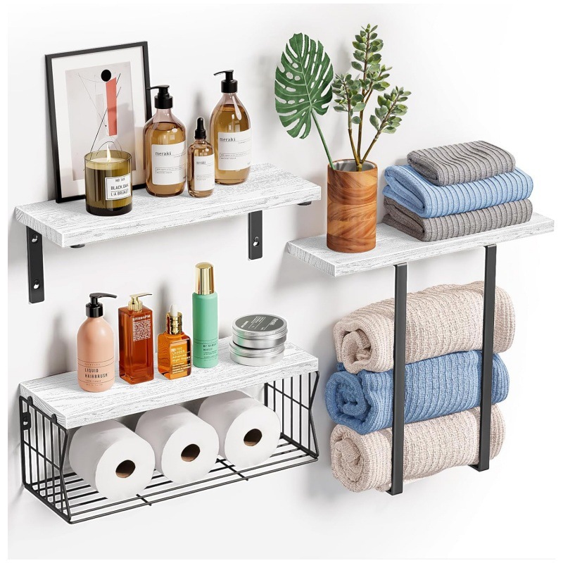 Rack de almacenamiento de toallas de baño tipo pared, estante de almacenamiento de tres piezas, baño, sala de estar, cocina, estante de almacenamiento de artículos de baño