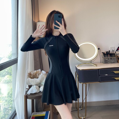 2024 new long-sleeved swimsuit for women, one-piece belly-covering slimming skirt style hot spring bathing suit ins swimsuit wholesale