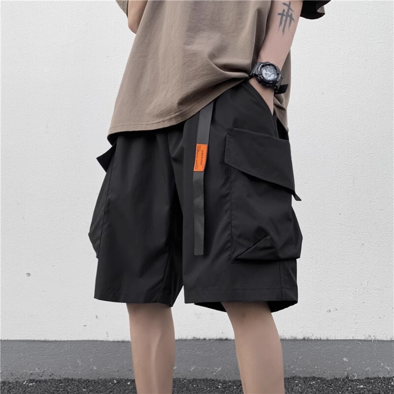 Functional Black Cargo Shorts for Men, Summer Thin Loose Casual Mid-Length American Style Trendy Five-Point Shorts