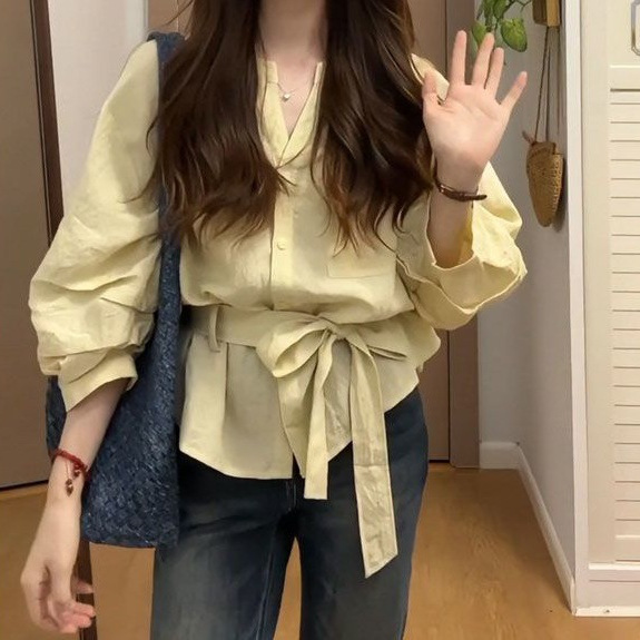 大码早秋穿搭胖mm慵懒韩系收腰衬衫新款宽松修身遮肉气质显瘦上衣|undefined