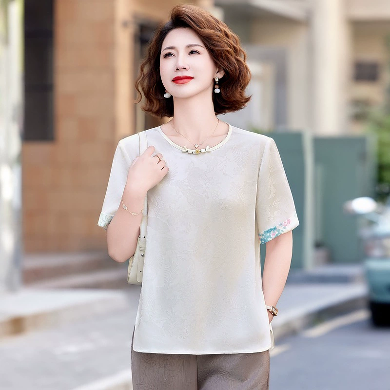 Модная новая шифоновая рубашка в китайском стиле для женщин среднего и пожилого возраста с круглым вырезом, летняя свободная шикарная рубашка для мамы, топ в западном стиле