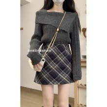 套装女新款纯欲风设计感露肩长袖针织衫毛衣高腰显瘦半身裙ins风