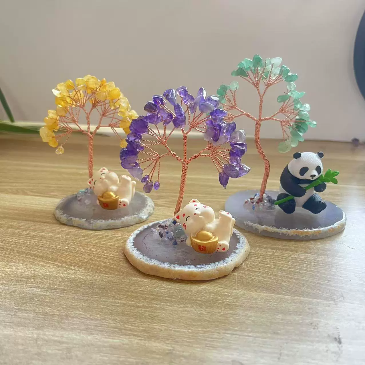 跨境热销天然水晶碎石发财树手工编织玛瑙片底座水晶盆栽车载摆件