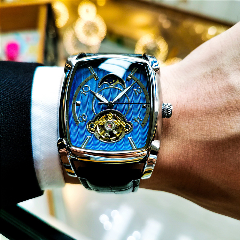 Ogulas reloj cuadrado de los hombres gran dial hueco transparente reloj mecánico automático de gama alta de cuero casual reloj de los hombres
