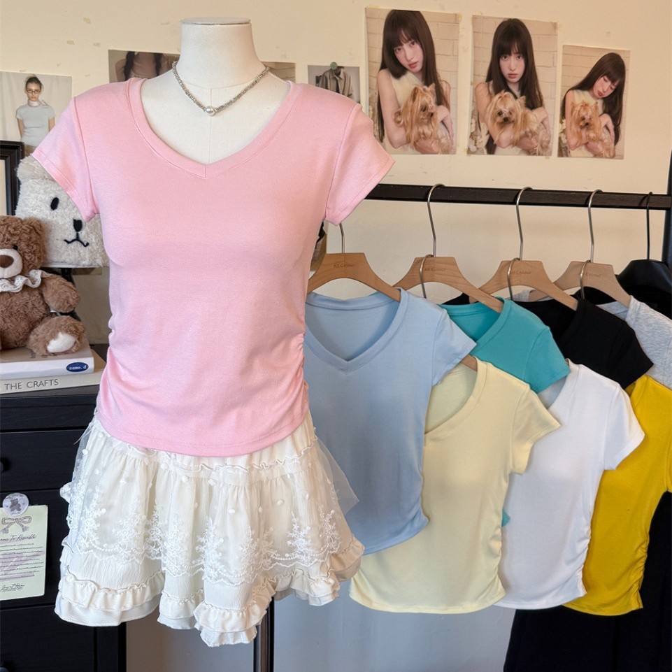 5125# pure desire V-neck straight shoulder short sleeve T-shirt women summer slim fit design wrinkle waist-cinching cropped top