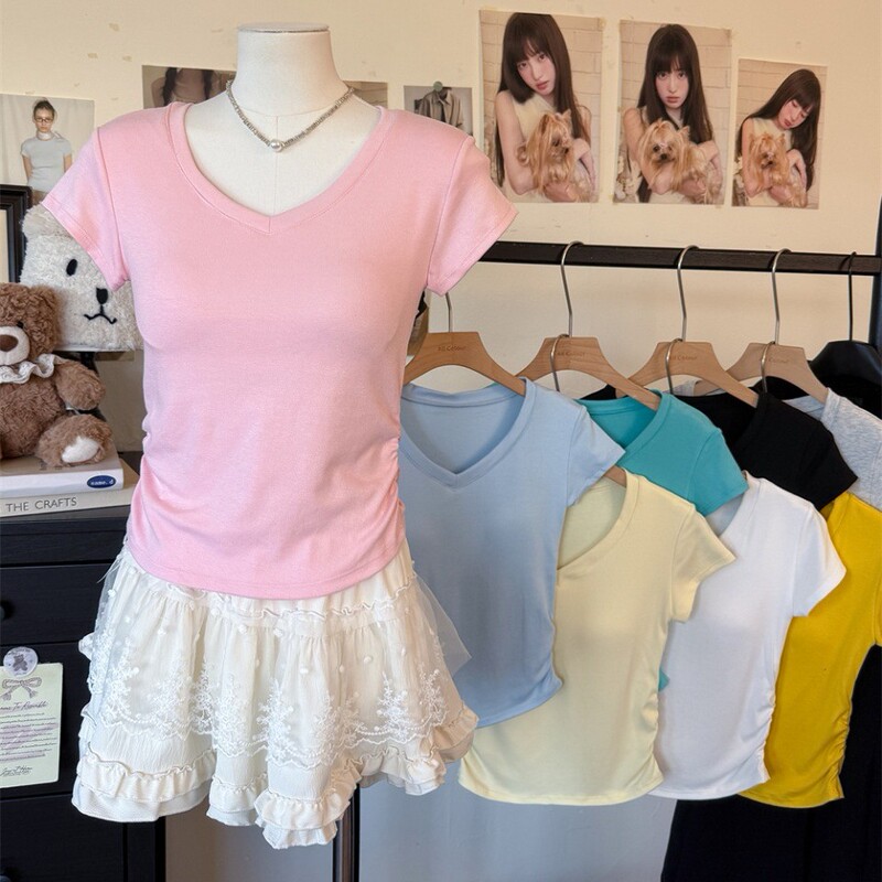 5125 # Pure Desire V-Neck Right Shoulder Short-Sleeved T-Shirt for Women in Summer Slimming Look Design Pleated Waist Short Top