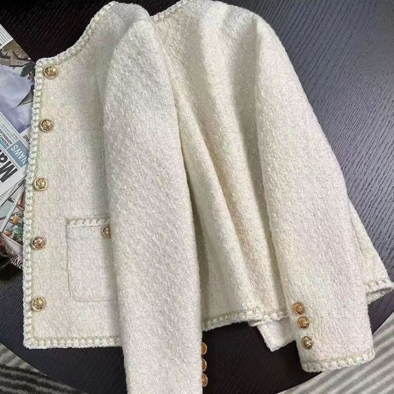 2025 Autumn/Winter New Korean Style Off-White French Short Tweed Jacket for Women with Chic and Elegant Socialite Style