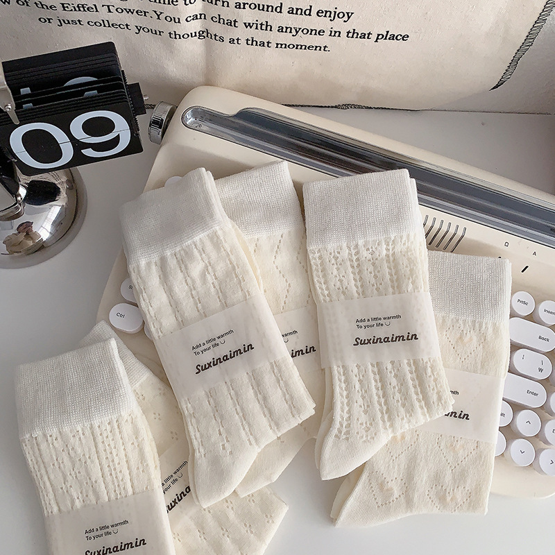 White socks women's summer thin tube socks love girl sweat-absorbent breathable hollow mesh Japanese piled stockings