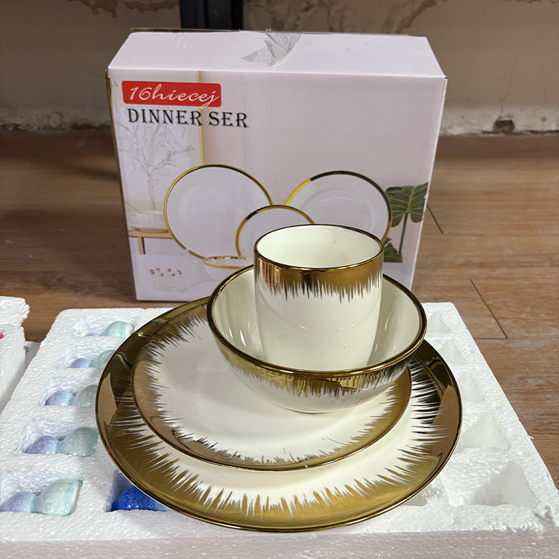 Cross-Border Best-Selling Gold-Rimmed 16-Piece Electroplated Plate and Bowl Set, Modern Minimalist Hotel-Style Golden Ceramic Soup Plate Dinnerware Set