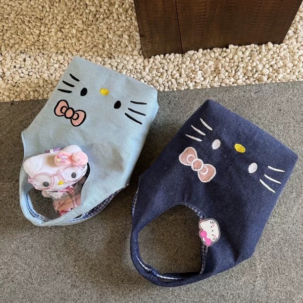 2026 Pink Butterfly Kitty Embroidery: Blue and White Checkered Lining Denim Small Capacity Handbag Dark Nude Bag Light Color W1