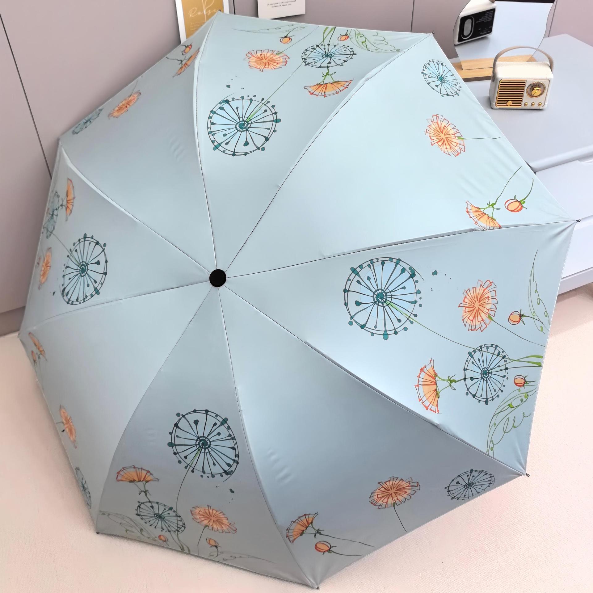 Sombrilla, de doble propósito para sol y lluvia, serie de flores, sombrilla plegable con revestimiento negro para protección solar.