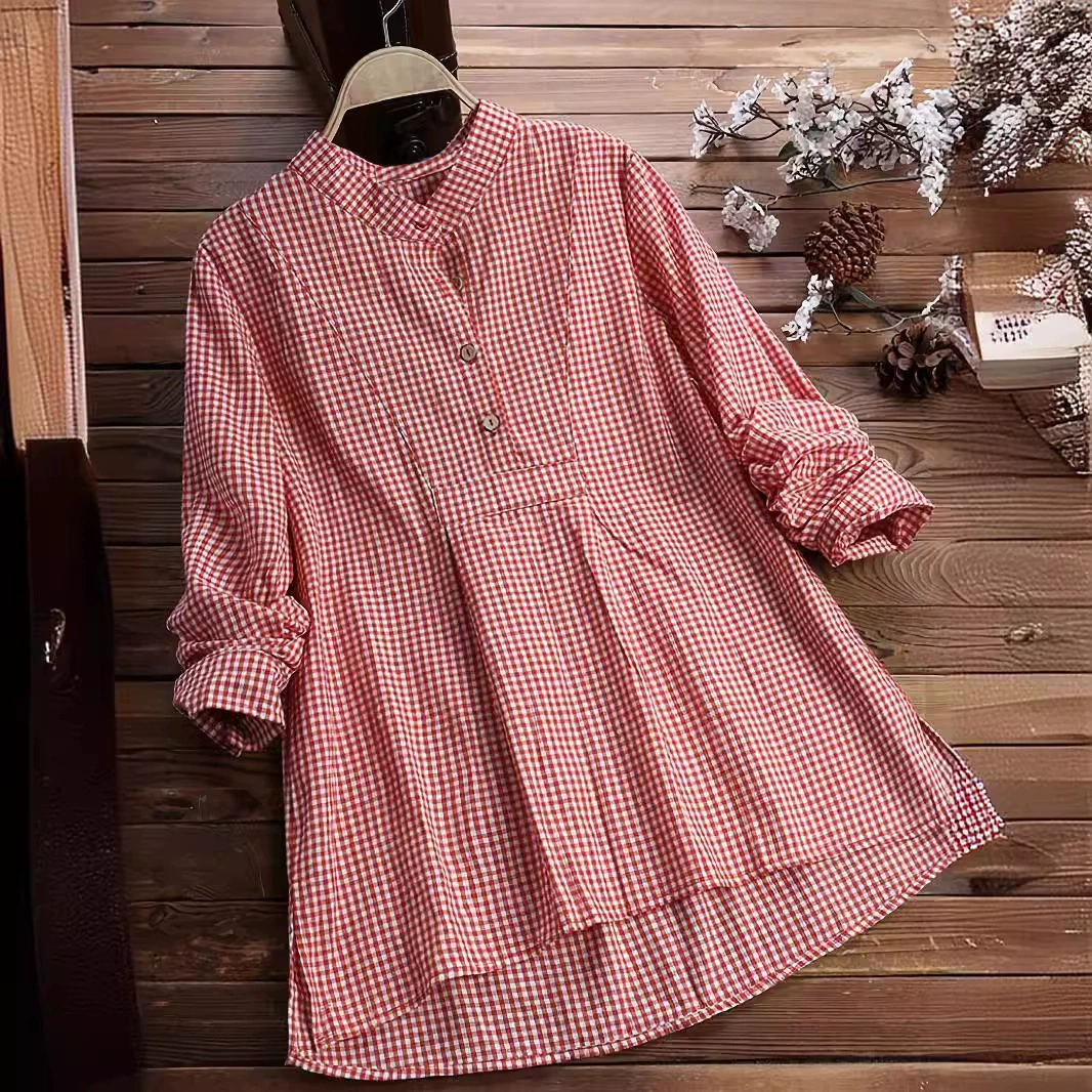 Трансграничный 2024 Внешняя торговля Амазонка осень-зима решетчатый воротник рубашка с длинными рукавами женский топ AliExpress