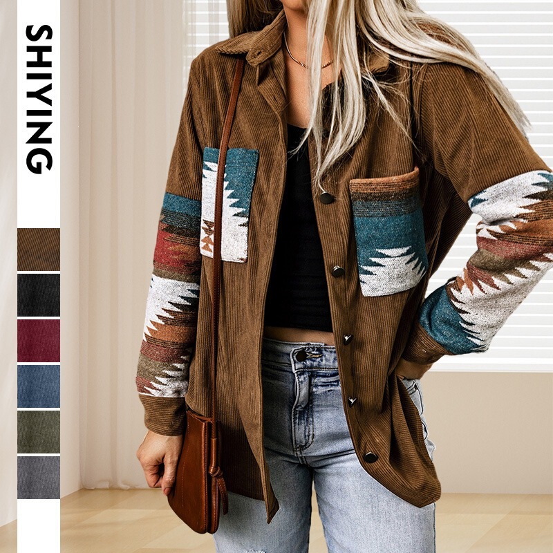 2026 European and American Western-Style Printed Mid-Length Jacket for Women, New Autumn Corduroy Casual Cardigan Women's Coat 2026 European and American Western-Style Printed Mid-Length Jacket for Women, New Autumn Corduroy Casual Cardigan Women's Coat