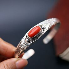 尼泊尔风格手工镀银手镯复古个性简约红珊石镯子银饰开口民族风