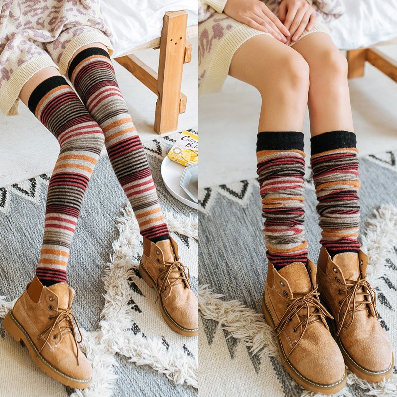 Rabbit wool knee-high socks autumn and winter thickened warm pile socks colorful striped leggings socks trendy socks for women