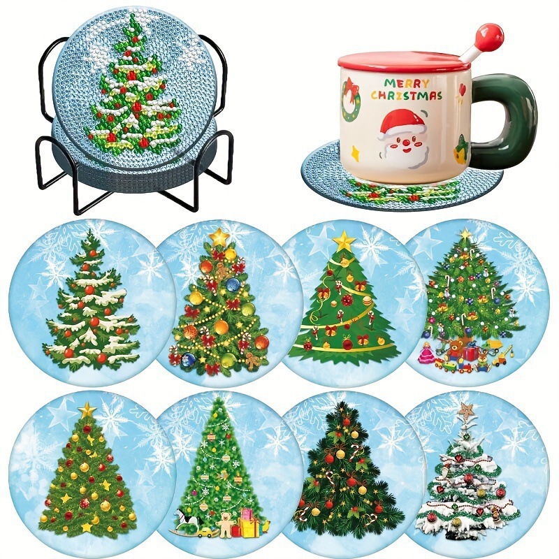 Ventas transfronterizas calientes de 8 piezas de conjunto de cojín de taza de arte de diamante, con soporte, pequeño conjunto de pintura de diamante, adecuado para adultos