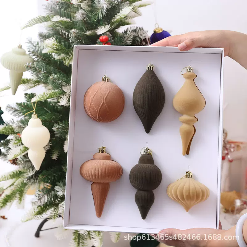 跨境新款套装6pcs异形摩卡慕斯色圣诞节用品圣诞树装扮植绒圣诞球