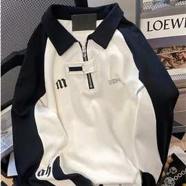 美式复古原宿半拉链polo领卫衣情侣高级感hiphop潮牌黑白撞色外衫