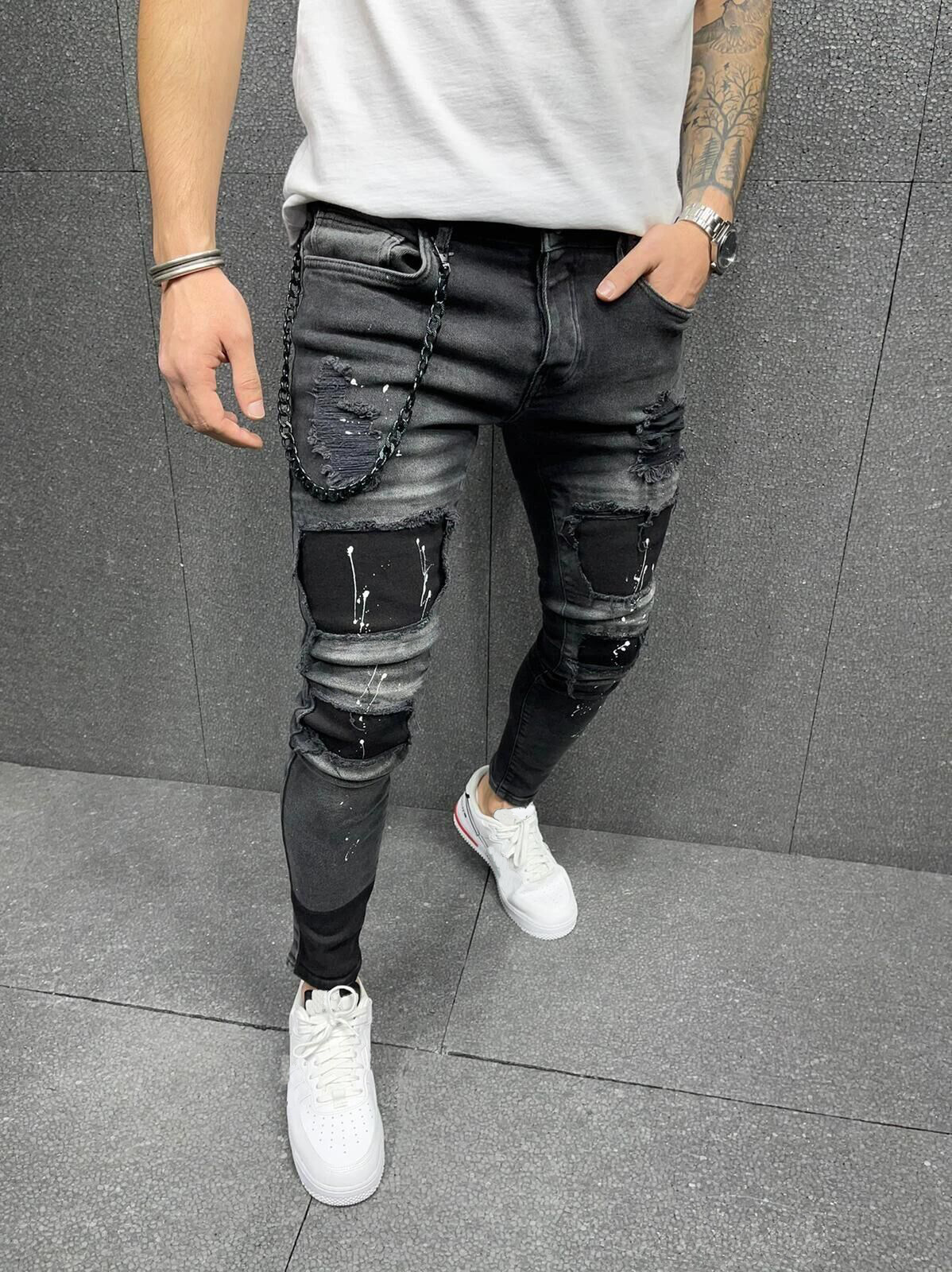 Men's distressed printed sold in quantity, with stickers and elastic small leg jeans, new style_voghion.com