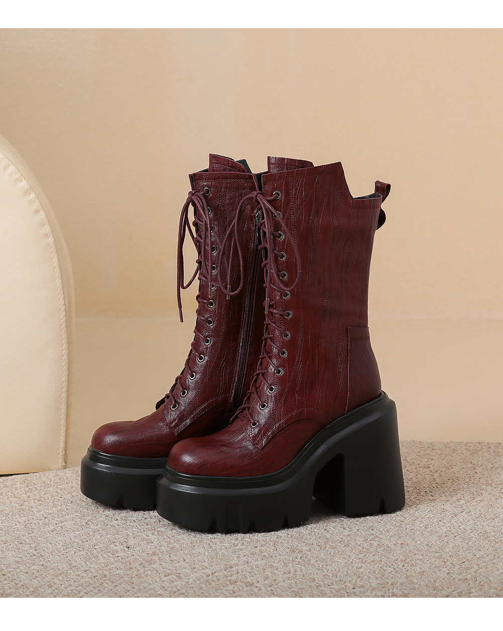 Boot Martin nữ buộc dây phong cách Anh, gót 12 cm — Lớp lót nhung đen chi tiết 14