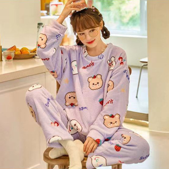 Pijamas de invierno las mujeres coral fleece dulce lindo Otoño e Invierno engrosada franela corte princesa estilo desgaste del hogar traje