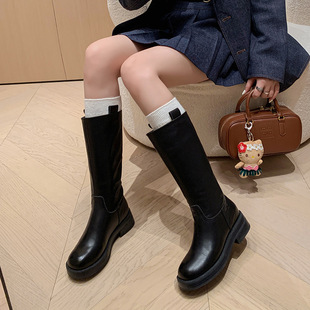 Genuine Leather 2024 New French retro calf boots round toe flat small mid-calf Knight boots half boots for women spring and autumn