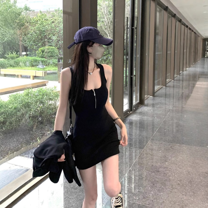 Pure Desire Black Camisole dress Women's Summer New Tight Waist Slimming Zipper Slim-fit Hip Short Skirt