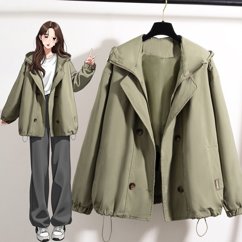 Plus-Size Hooded Workwear Early 2025 Regular Shoulder Large Size Spring Trench Coat Jacket for Women, Green Short Parka Jacket