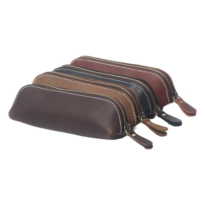 De una sola pieza de la entrega Nueva Primera capa de piel de vaca caja de lápiz estudiante bolsa de papelería de oficina de cuero genuino bolso de la llave simple de cuero de Caballo Loco